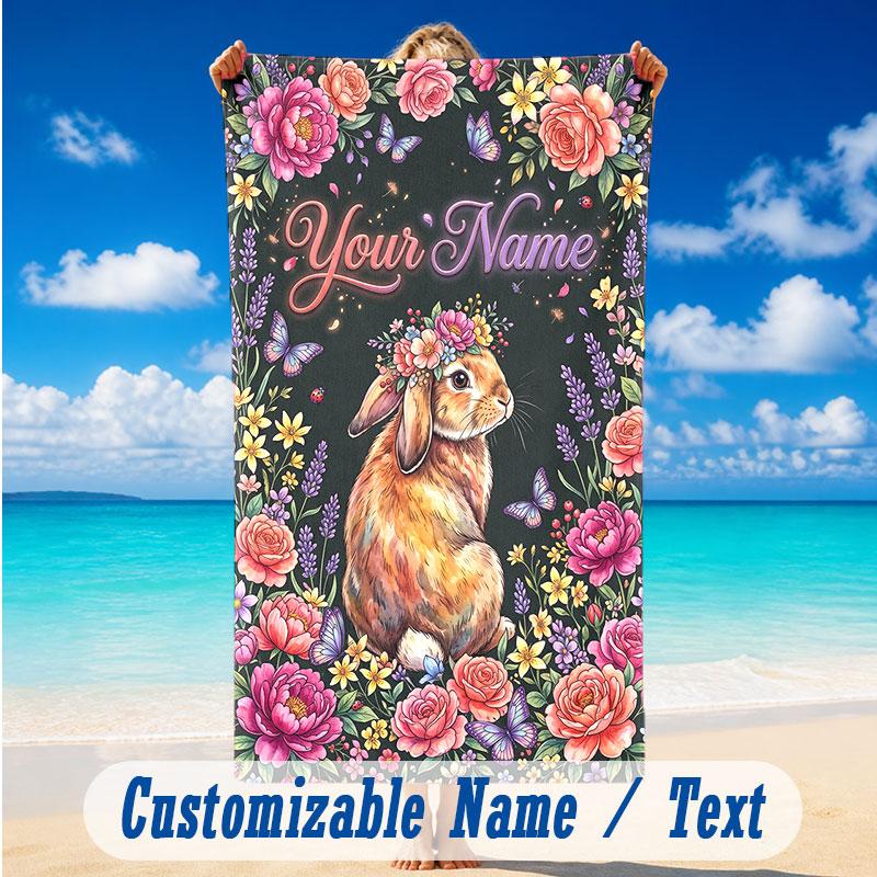 Easter Bunny Theme Beach Towel Personalized Custom Name & Text Soft Quick Dry Beach Towel for Swimming Travel