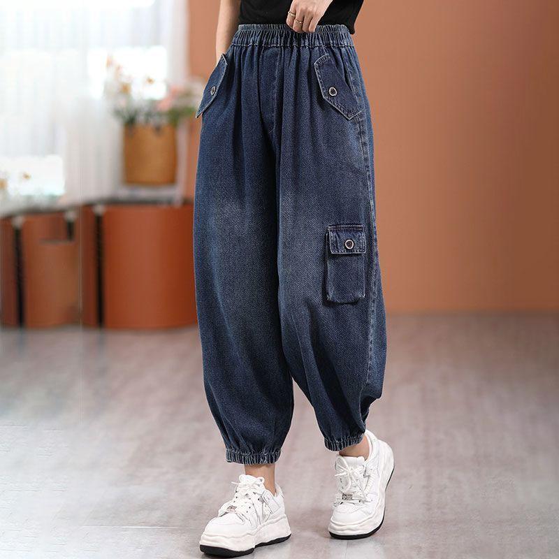 Nadměrná velikost Volný střih Džínové džíny Retro Opotřebovaný styl Elastický pas Dámské Harem kalhoty s manžetou