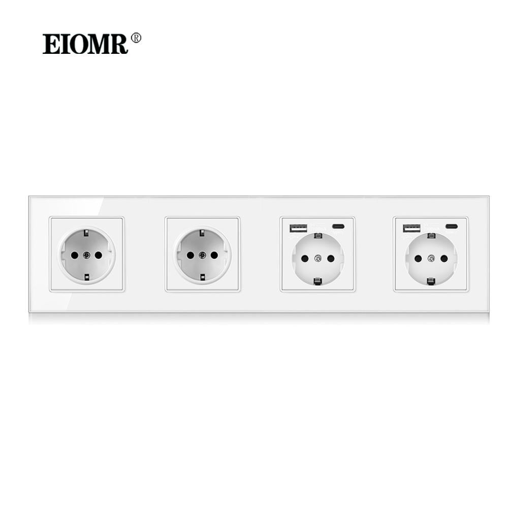 EIOMR EU Standard 16A Tempered Crystal Glass Panel Wall Socket Power Outlet Electrical Plug with Usb 5V 2100mA Ac110-250V White