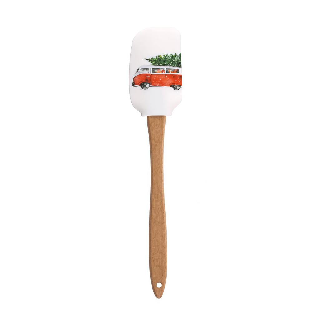 Holiday-Themed Silicone Mixing Spoon with Wooden Handle