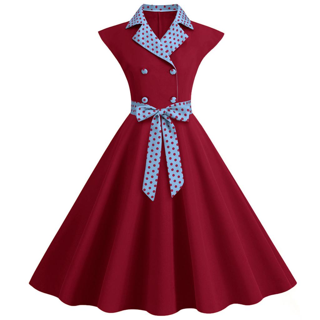 Women's Fashionable Suit Collar Polka Dot Casual Solid Color Large Swing Dress with Belt