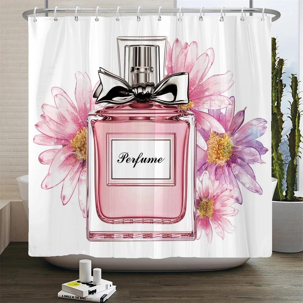 Ladies Perfume Flower Print Shower Curtain Fashion Bathroom Curtains Fashion Girly Women Polyester Bath Curtain Decor With Hooks