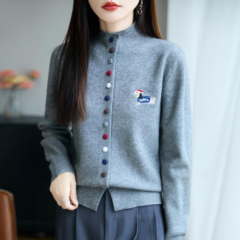 New Autumn and Winter Semi-high-neck Knitted Cardigan Long-sleeved Women's Multicolor Embroidered Dog Loose Sweater