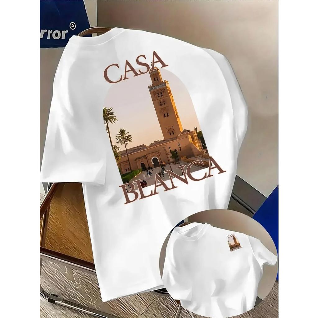 Gorące Marokańskie Miasto Architektura Plaża Graficzny Nadruk Bawełniana Koszulka Męska Damska Casablanca Czcionka Sportowy Codzienny Oversize Harajuku Moda Letnia Nowa Koszulka