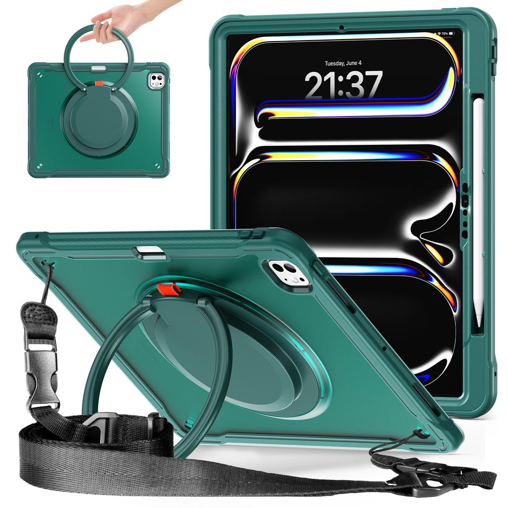 Pro iPad Pro 13 (2024) Pouzdro s otočným stojánkem PC+TPU+Silikonový kryt s ramenním popruhem