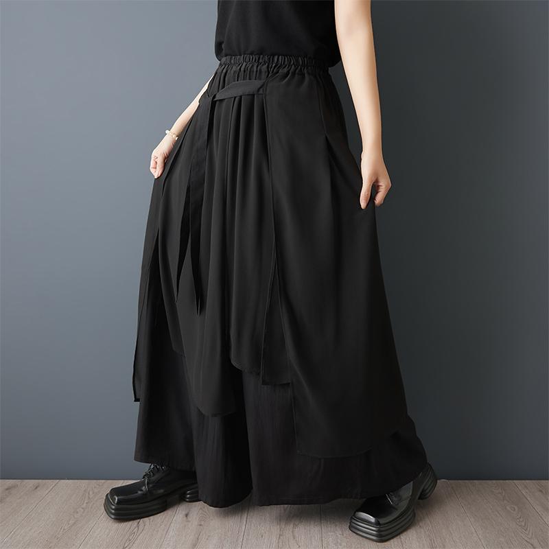 Taglie comode Vintage nero Vita alta Casual larghi lunghi Estivi gamba larga Pantaloni gonna Donna Pantaloni