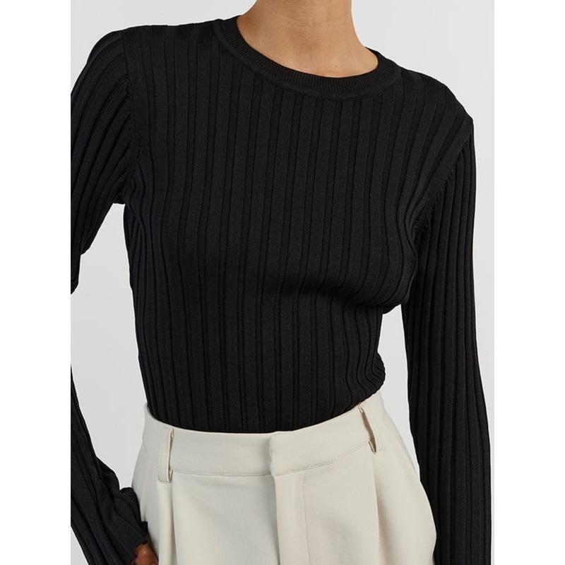 Women's Crewneck Knitted Sweater, Long Sleeve Pitted Stripe Base Layer, Solid Color Tight Autumn and Winter Top