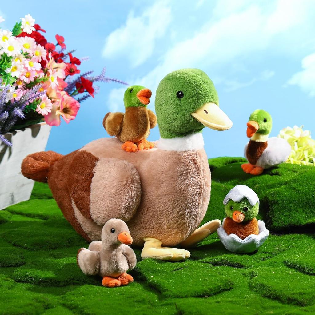 Zomiboo 5 Pieces Duck Stuffed Animals Plush Toys Includes Big Stuff Mommy Duck with 4 Little Baby Duck Soft Duck Family Plush with Zipper Pouch for