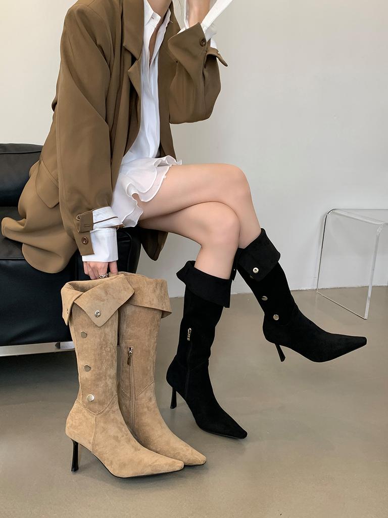 Fashion Pointed Toe Women Knee High Boots Black Beige Brown 2024 New Arrivals Side Zipper Belt Buckle Winter Autumn Fashion Women Knight
