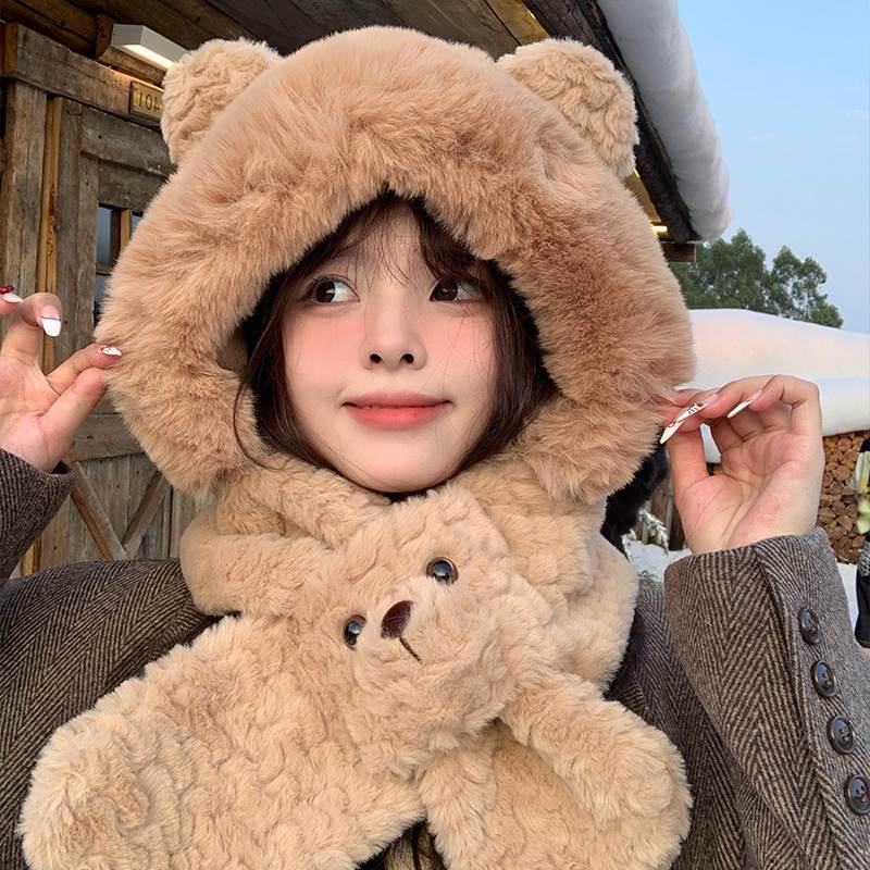 Bear Ears Hat Scarf Integrated Women's Winter Warm Windproof Thickened Plush Scarf Versatile Ear Protector Lei Feng Hat