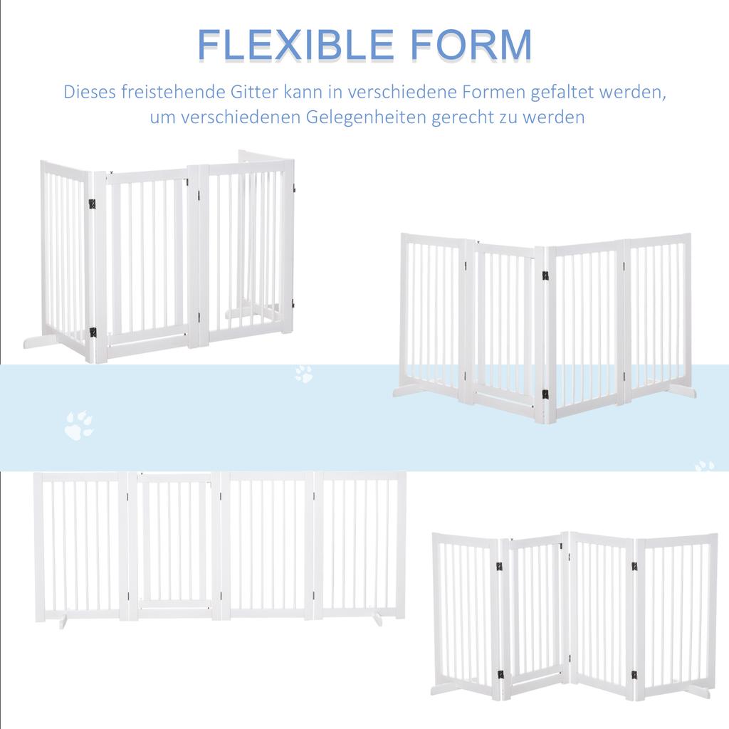 Freestanding Pet Gate 4 Panels Wooden Dog Safety Fence Foldable with Support Feet for Doorway Stairs 91cm Tall White