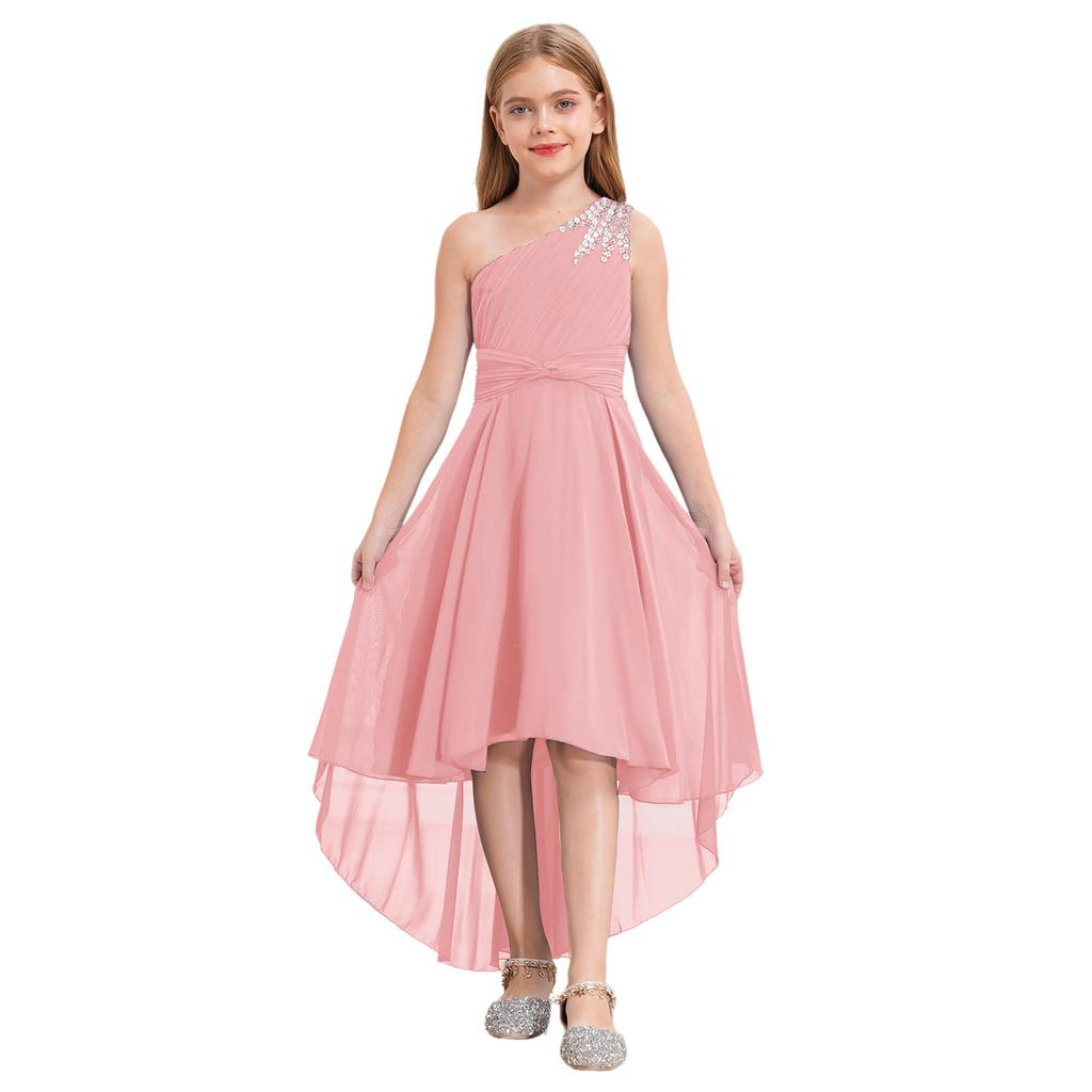Abito Elegante da Ragazza Monospalla Senza Maniche Design Ruched Lucido con Perline Vita Alta Orlo Alto-Basso Abito da Festa