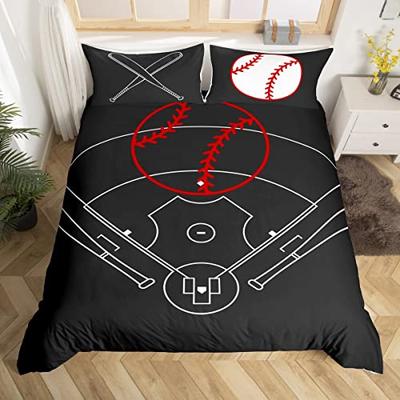 Baseball Field Print Duvet Cover Set,Boys Ball Sports Games Themed Comforter Cover,Red Baseball Bat Sporting Modern Bedding Set