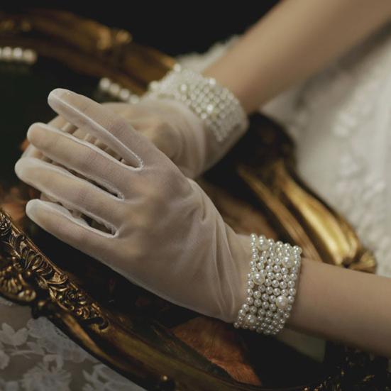 Satin Bride Gloves Short Tulle Wedding Gloves Sheer Wrist Gloves with Bow Faux Pearls for Prom Evening Opera Tea Party