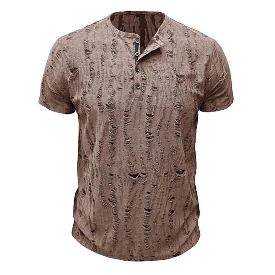 Summer Men Top Short Sleeves Round Neck Ripped Holes Buttons American Style Solid Color Shirt for Streetwear Daily Travel