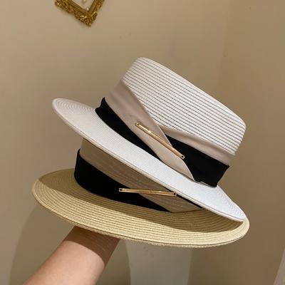Flat Top Straw Hat British Hepburn Hat Women's Summer Straw Woven Beach Hat Sun Hat Travel Holiday Hat