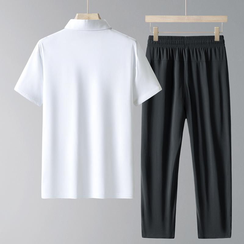 Costume de sport pour homme d'âge moyen et âgé, décontracté, en soie glacée, à manches courtes, ensemble deux pièces pour homme