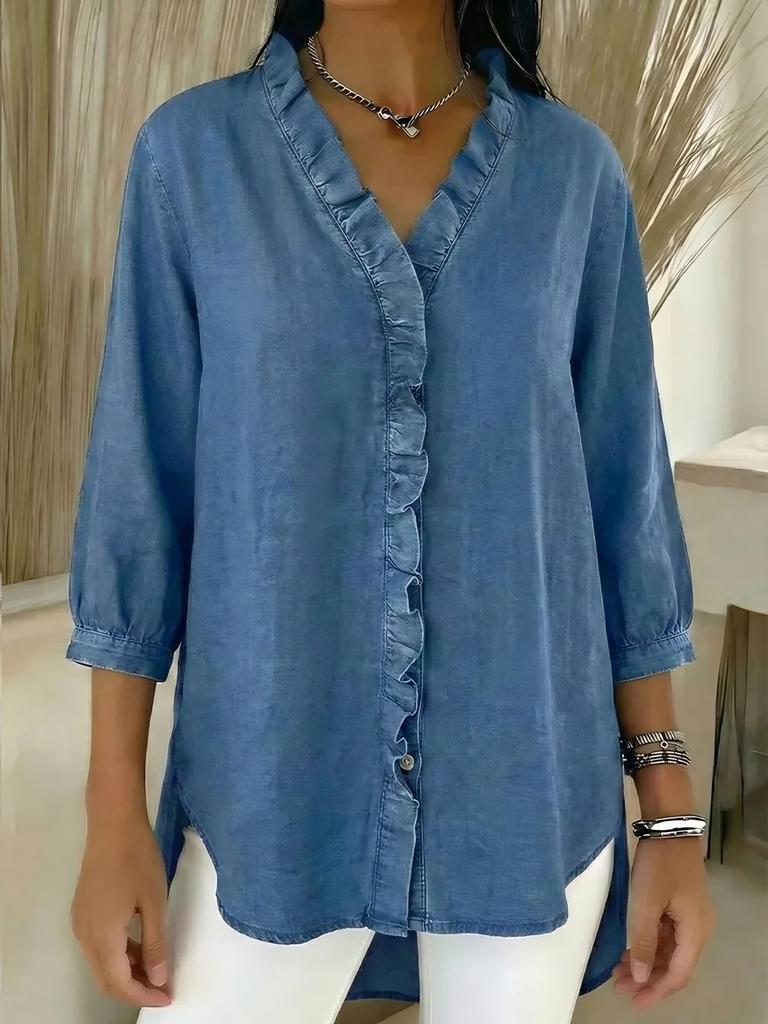 2026 Spring/Summer Women's Casual Faux Denim V-neck Ruffle Top