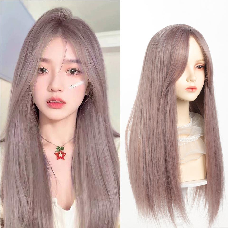 Y2K Synthetic Lolita Cosplay Wig Green Blue Hair for Cosplay Party Long Straight Wigs for Women Blue Green Highlight Dyed Bangs
