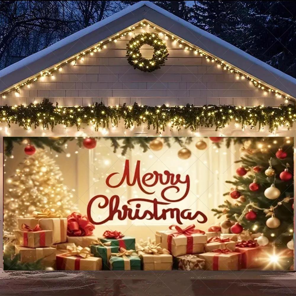 Merry Christmas Garage Door Background Banner Xmas Tree Gift Santa Claus Backdrop Winter Christmas Party Outdoor Wall Decoration