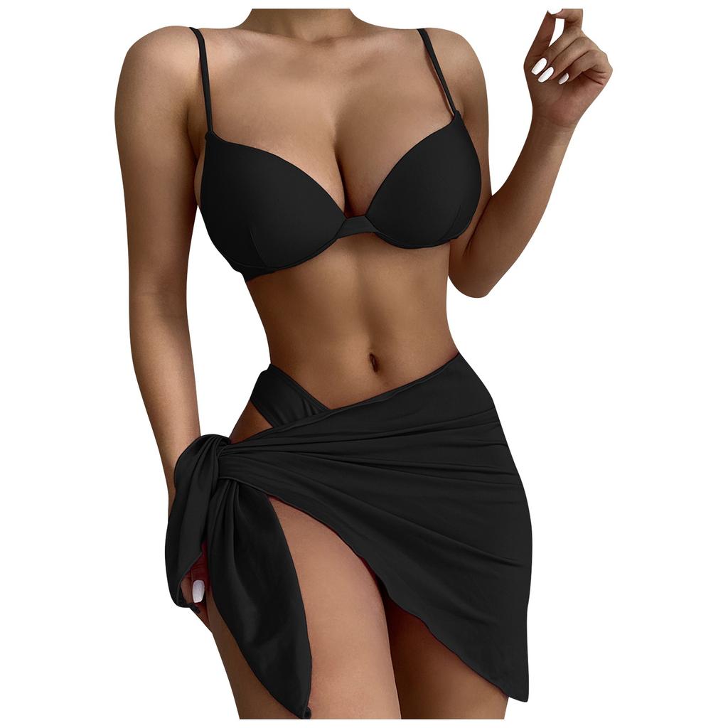 Women Sexy Fashion Bikini Solid Color Three Piece Swimsuit
