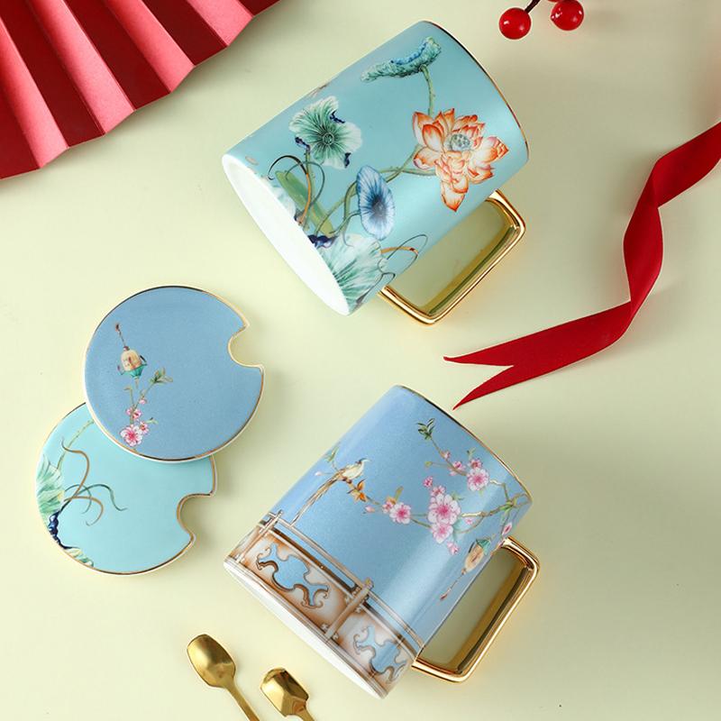 Chinese Style Ceramic Mug With Flower Pattern Vintage Floral Tea Cups With Handles Best Gifts For New Year's Gifts Mother's Day