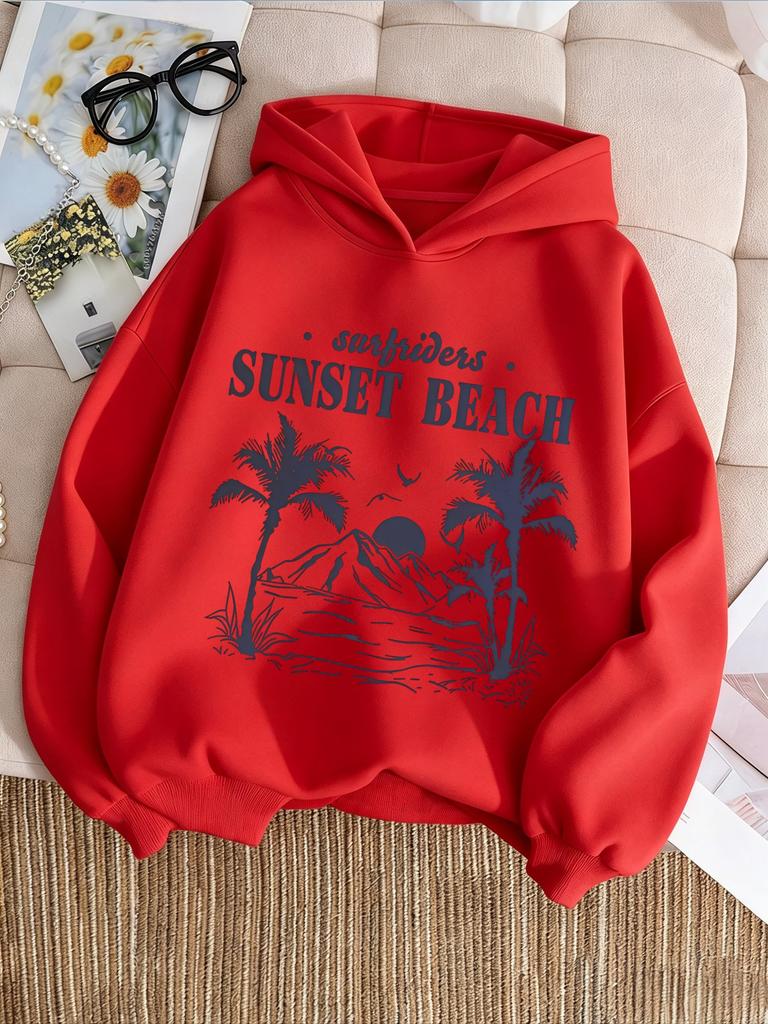 Latest American Retro Beach Sunset Print Children's Hooded Sweatshirt - Boys' and Girls' Loose Fitted Pullover Sweater