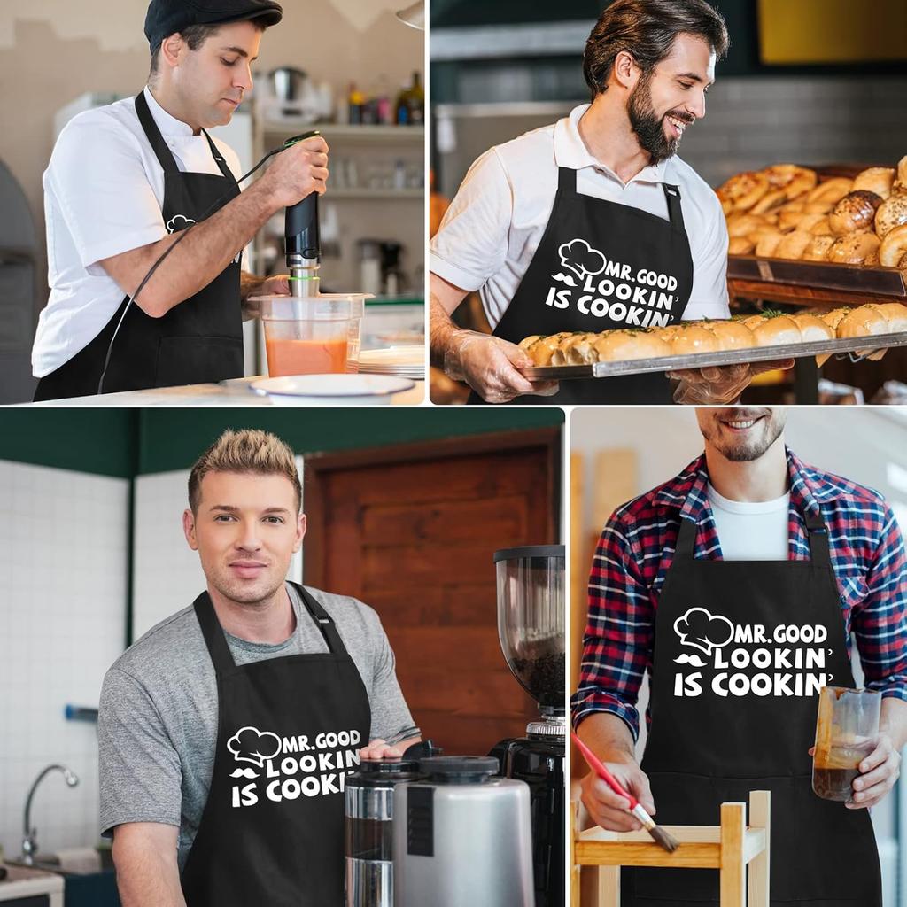 Funny Aprons for Men, Mr. Good Lookin’ Is Cookin’ Chef Apron with 3 Pockets, Adjustable Neck Strap and Long Waist Ties, Perfect for Kitchen