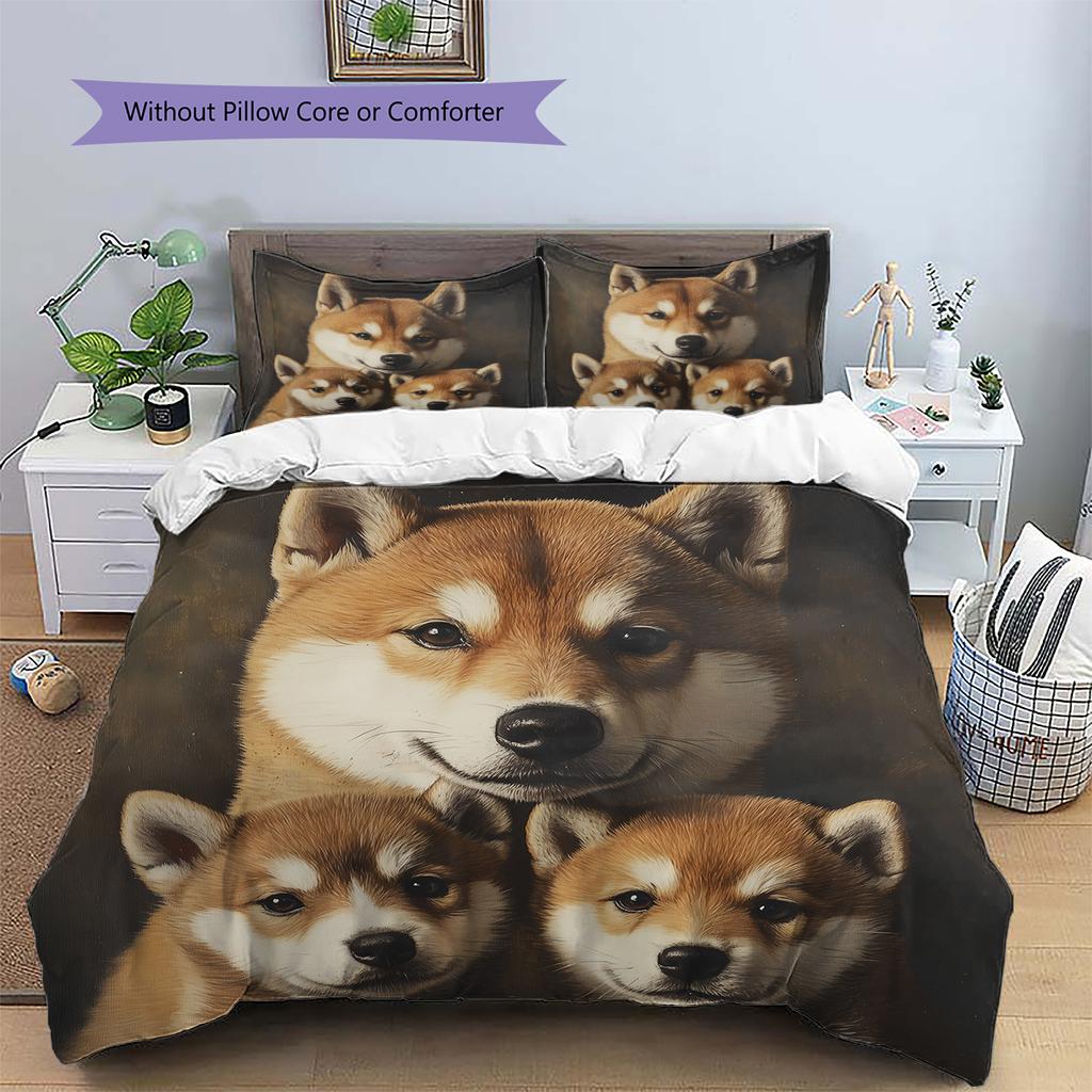 Schwarzes Shiba Inu Muster Bettwäsche Heimdekoration Geburtstagsgeschenk (1 Bettbezug + 2 Kissenbezüge, ohne Füllung)