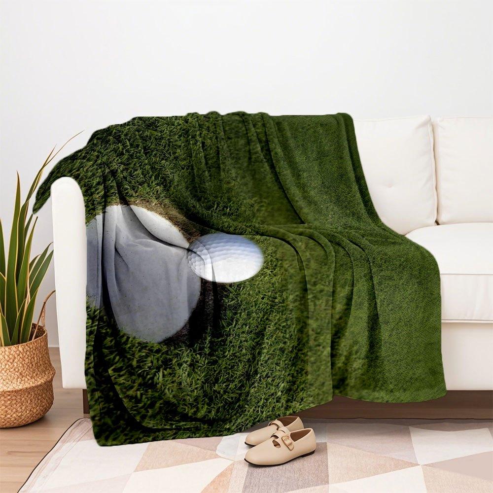 Golf Ball in Hole on Green Grass - Sports Photography PrintBlanket Flannel Throw Blanket for Sofa, Bed, Travel, Camping, Office, Couch, Chai