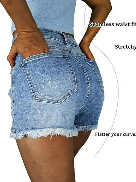 2025 Summer Women's Ripped Raw Hem Stretchy Denim Shorts in Washed Style