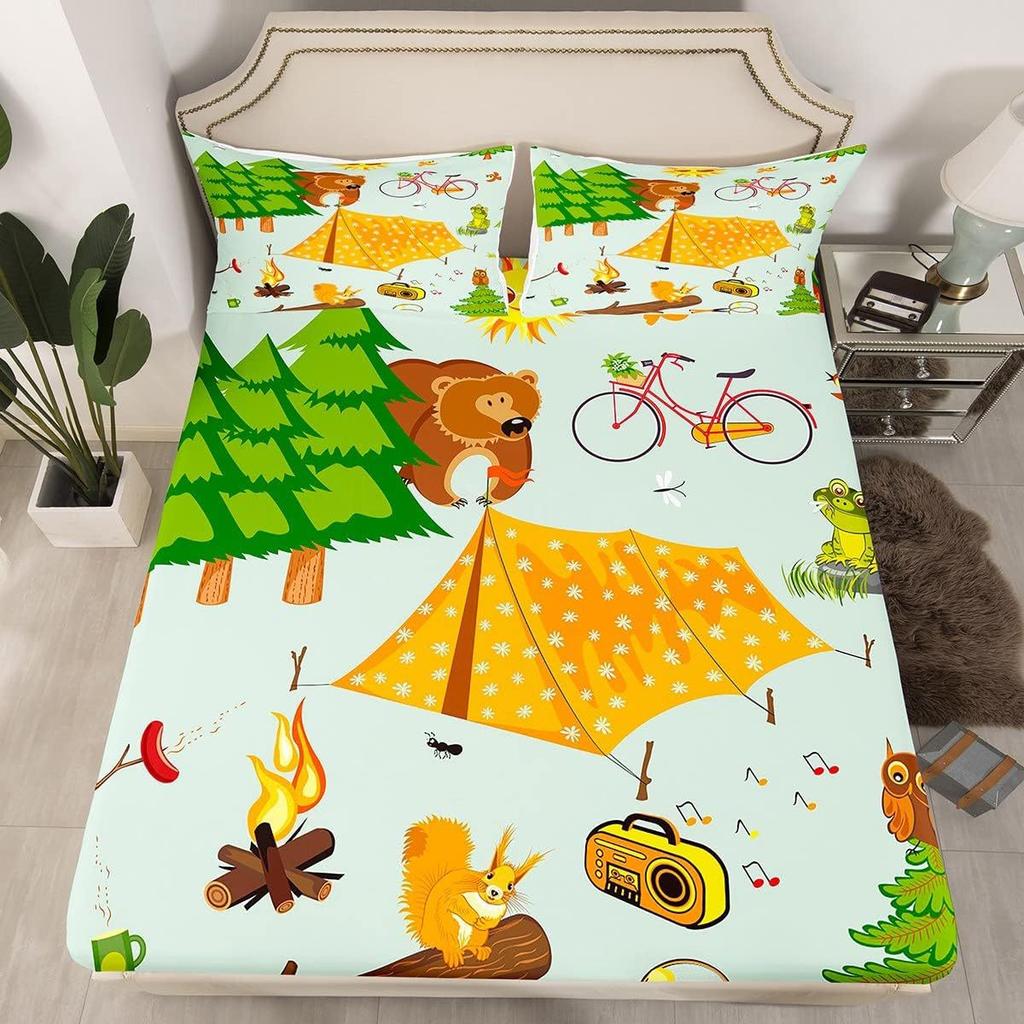 Wild Animal Camping Pattern Bed Hat Four-Piece Bedding Set Bedroom Dormitory Bedding Decoration