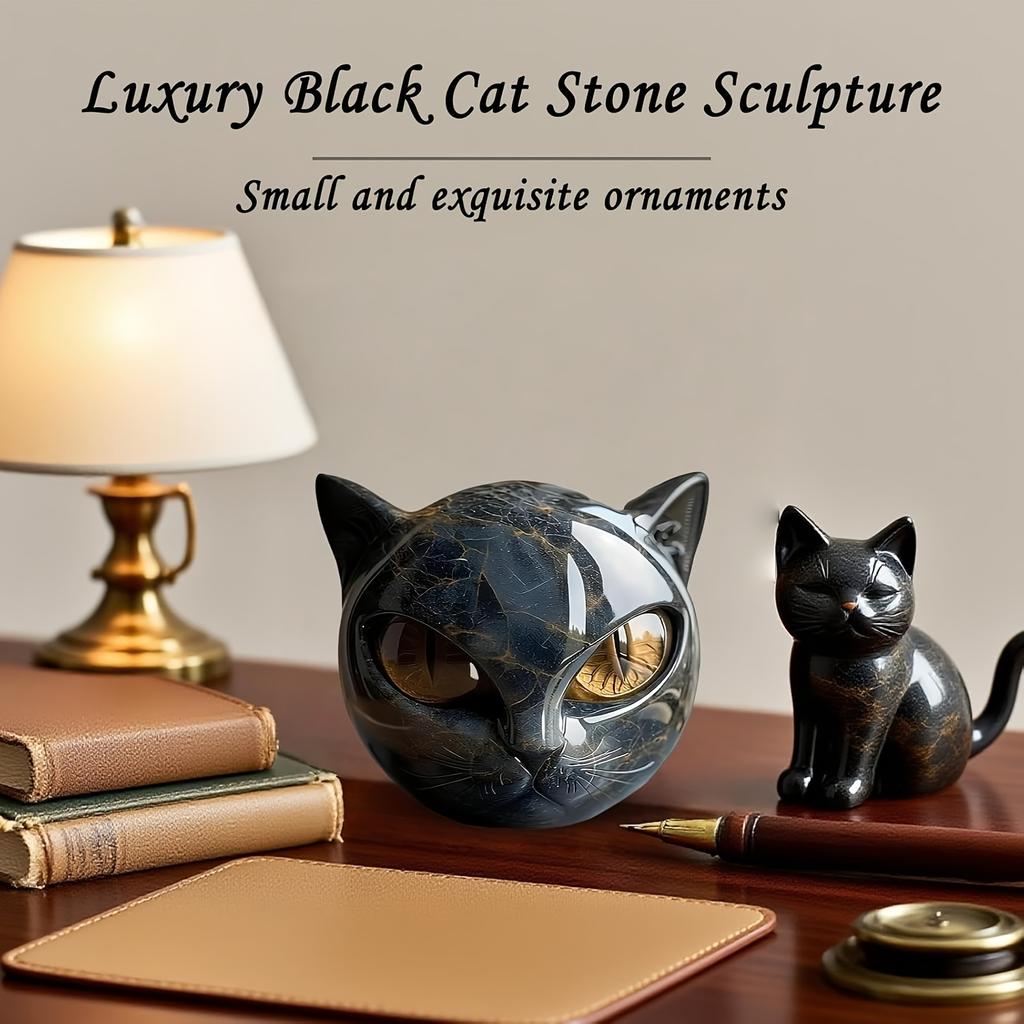 1 Stück Luxuriöse Schwarze Katze Stein Harz Skulptur - Elegante Statue mit Vulkangestein-Effekt und aufwendigem Marmormuster, Geschenk für Katzenliebhaber