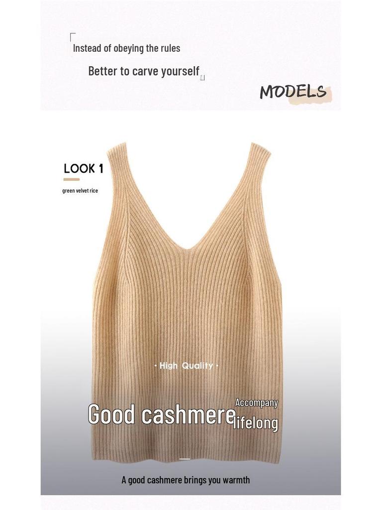 Women’s V-Neck Cashmere Camisole Sweater - Fitted, Sleeveless with Elegant Back Design for Autumn & Winter