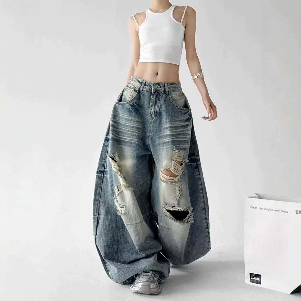 Amerikanische Street Retro gewaschen alte zerrissene Jeans Männer und Frauen locker und dünn lässige Paare vielseitige Weitbein-Hosen