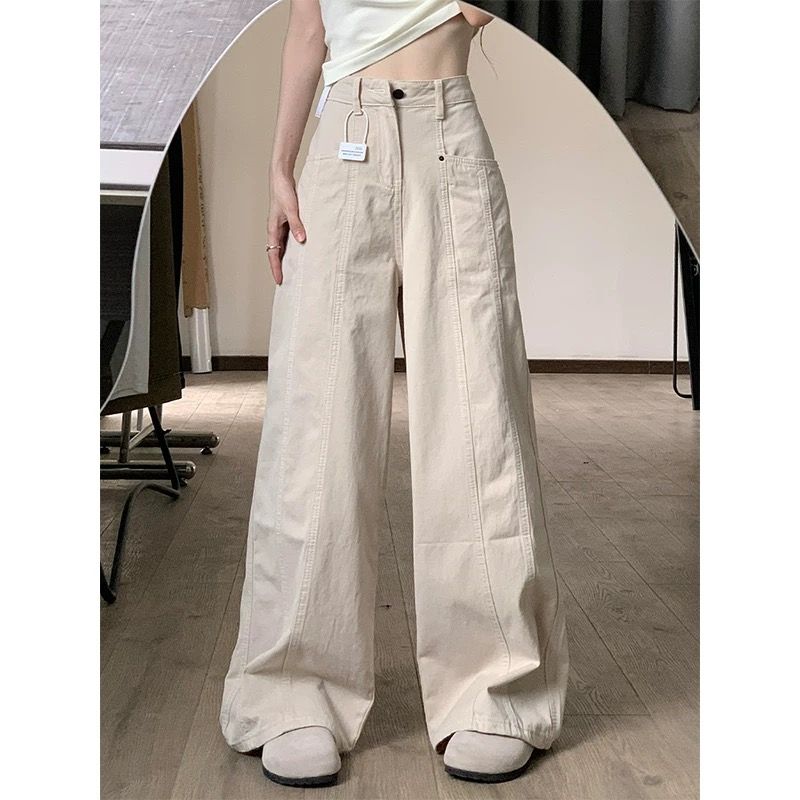 

Kumikumi American Retro All-Matching Jeans Pants Female Autumn High Waist Drooping Loose Cargo Pants Loose Pants Sand apricot S