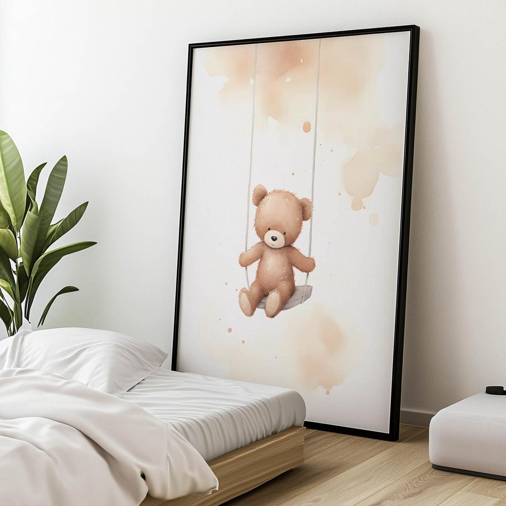 Miś Na Huśtawce Miś Na Huśtawce, 70X100 Cm, Rama Drewniana Jasny Dąb, Papier Matowy 230 Gsm