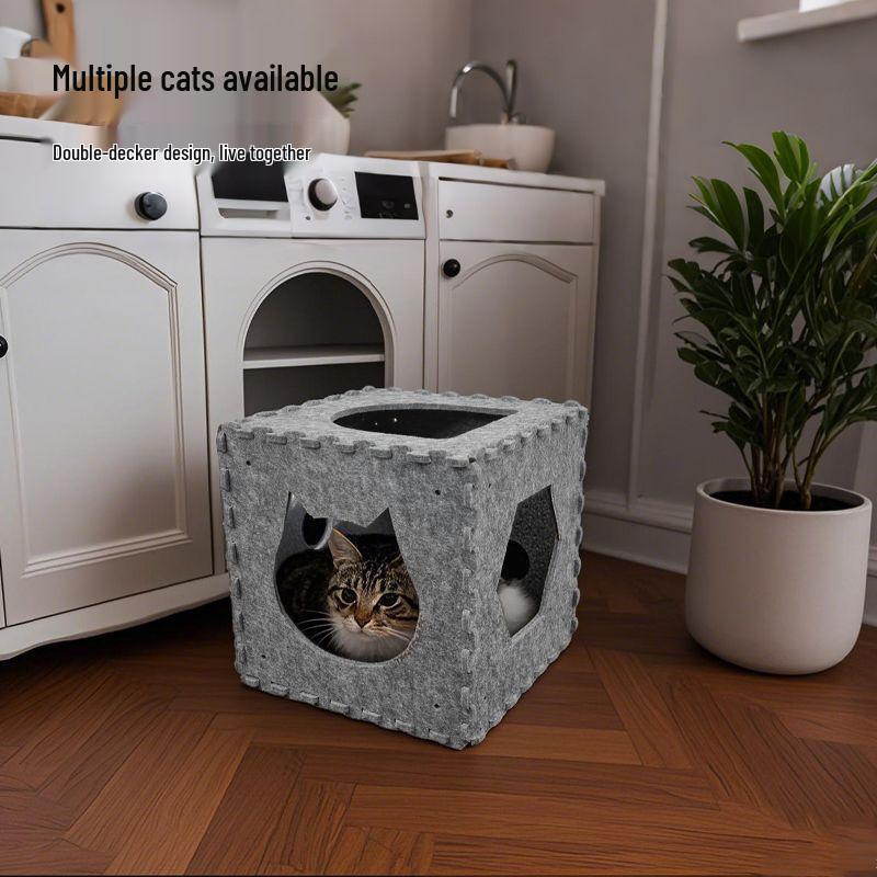 All-Season Wear-Resistant Foldable Cat Bed: Dice-Shaped, Semi-Enclosed, Warm, Detachable, Felt Pet House