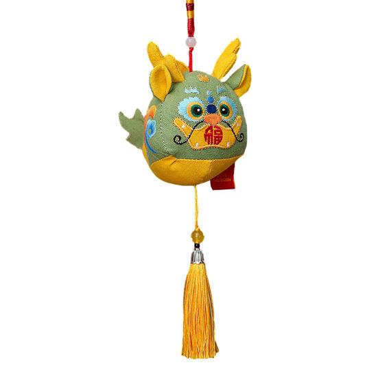 Cute Zodiac Dragon Plush Pendant with Tassel Folk Art Embroidery Pattern Stuffed Animal Mascot