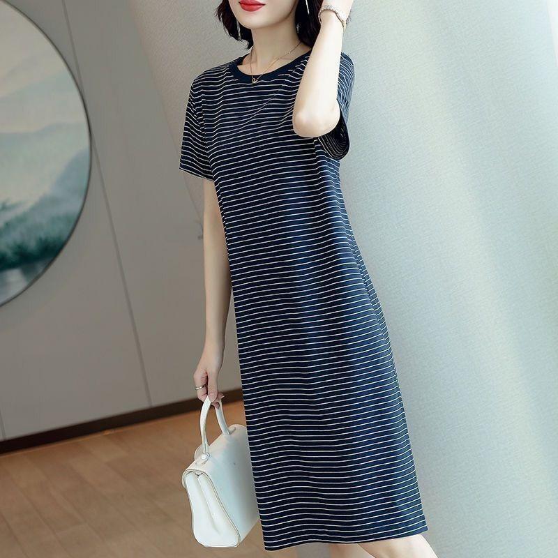 Women's Round Neck Short Sleeve Striped Midi T Shirt Dress Loose Casual Plus Size Summer Straight Tank Dress Soft Milk Silk Daily Basic Dress