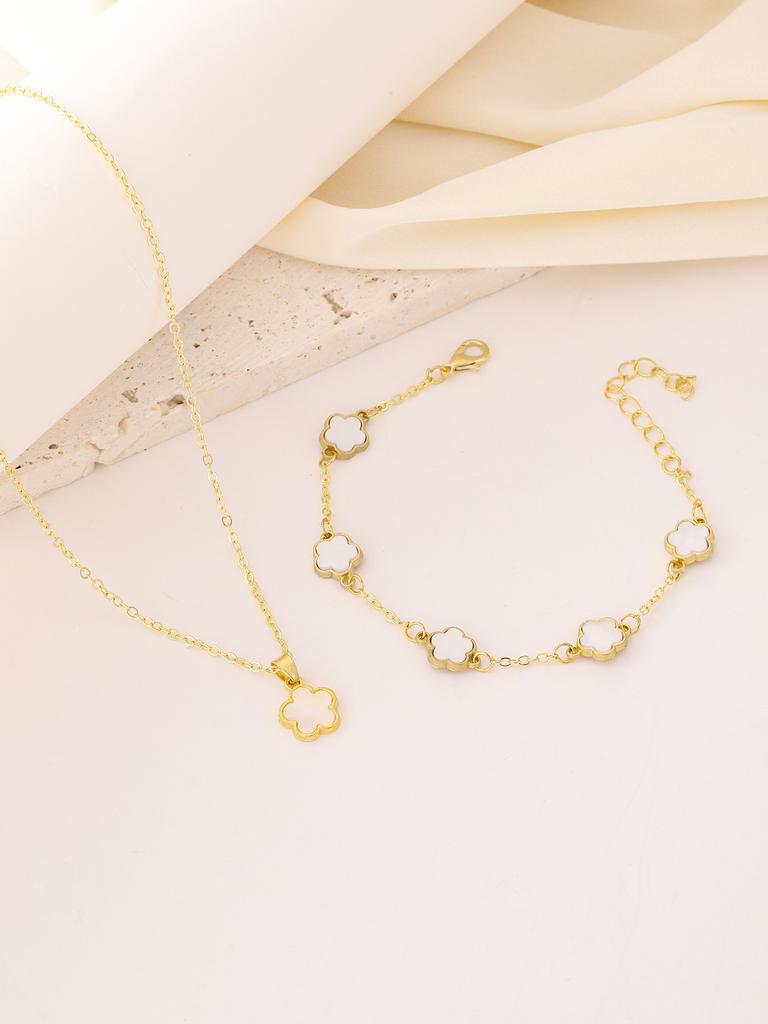 2-teiliges Glücksklee-Zirkon-Set für Damen, Mode-Blumenarmband + Halskette, Geburtstag, Ann