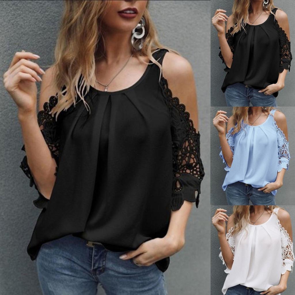 Women Sleeveless Lace Cold Shoulder Blouse Shirt Summer Casual Loose Fit Top with Hollow Out Sleeve Design