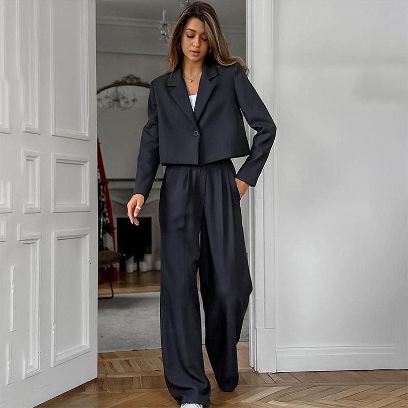 Schlichtes Anzughosen-Set für Damen, einfarbig, Laple, kurze Blazer, lockere Hose mit hoher Taille und weitem Bein, Frühlings-Bürodame, passende Anzüge