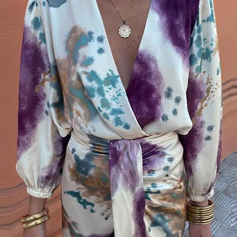 Women Abstract Print Wrap Midi Dress V Neck 3/4 Lantern Sleeve Tie Waist Boho Vacation Elegant Dress