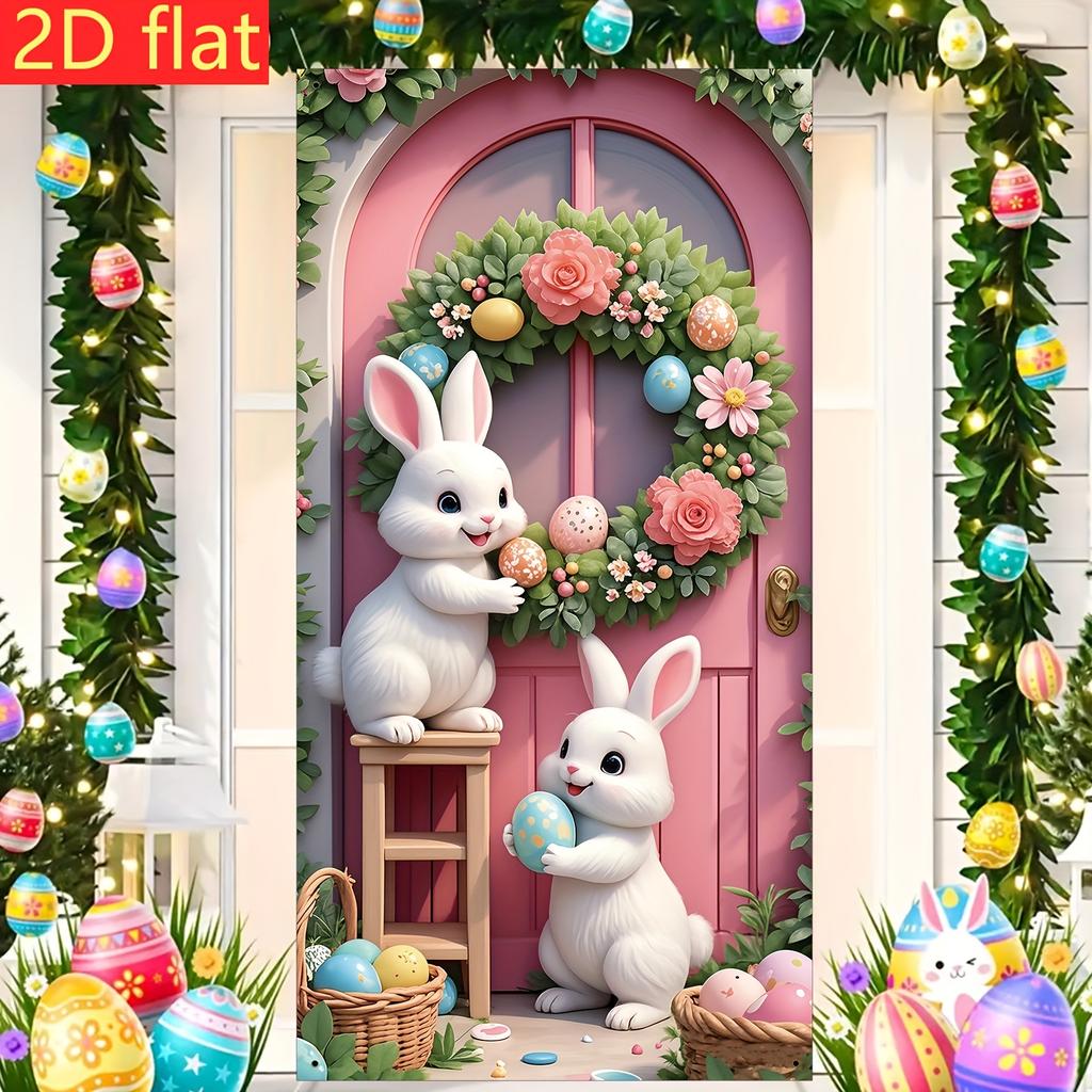 Happy Easter Door Cover Pink Bunny Easter Egg Wreath Design Hanging Banner for Indoor Outdoor Porch Decor Background Gift