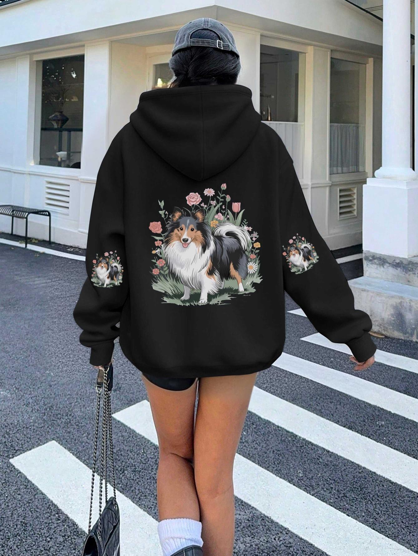 

Женские худи с шетландской овчаркой в цветочном поле XXL чёрный