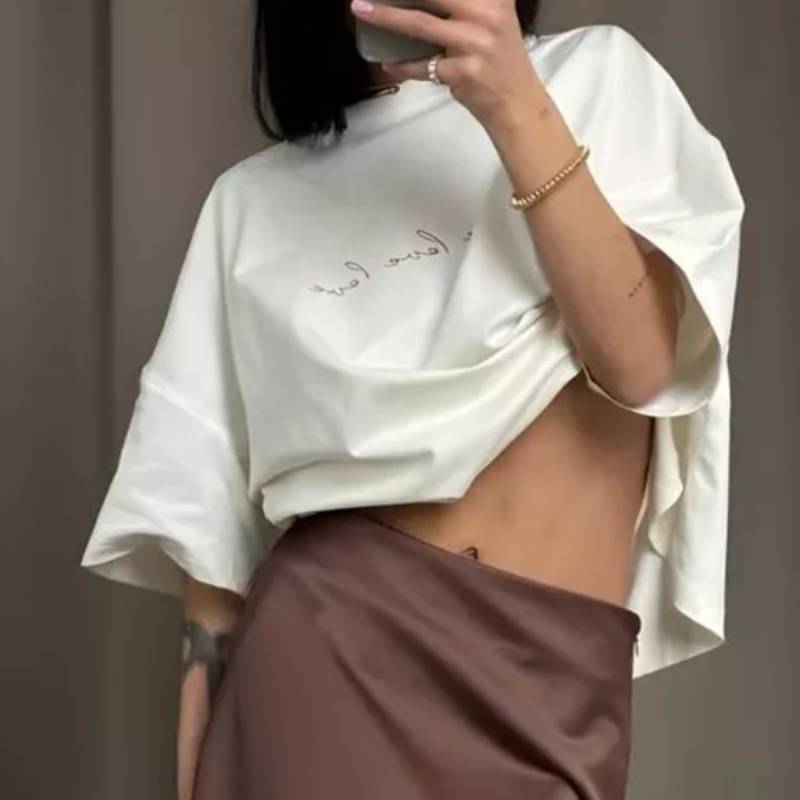 Cotton T Shirt For Women Summer Casual Letter Print Loose Fit Short Sleeve Top