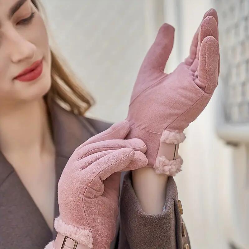 Plush Cuff Metal Buckle Suede Gloves Solid Color Thickened Warm Gloves Women's Stylish Versatile Cold-proof Gloves