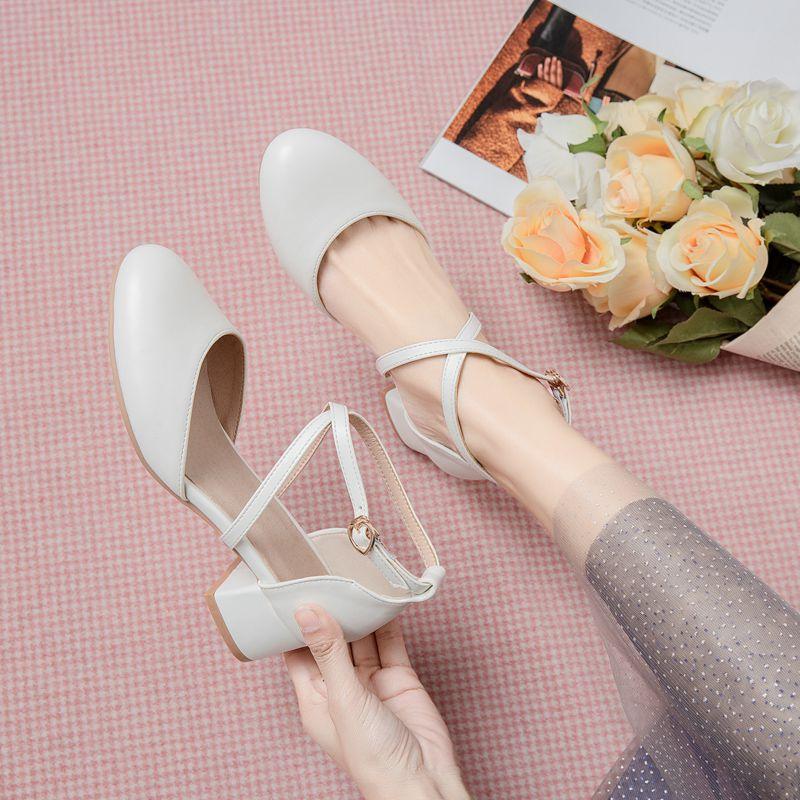 2025 Sweet Mary Janes Women Sandals Round Toe Thick Heels 4cm Buckle Strap Large Size 46 47 48 Fashion Dating Shoes