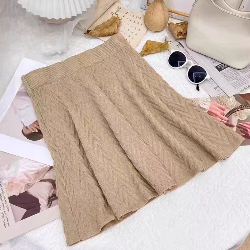 Knitted Midi Skirt for Women Autumn and Winter High Waist Short A-line Pleated Skirt Short Skirt